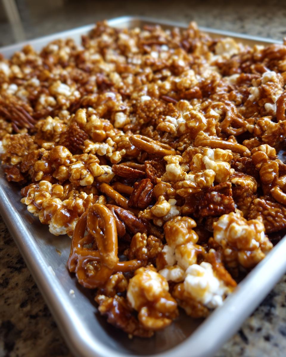 Close-up of a crunchy toffee snack mix with pretzels, popcorn, nuts, and cereal on a baking tray.