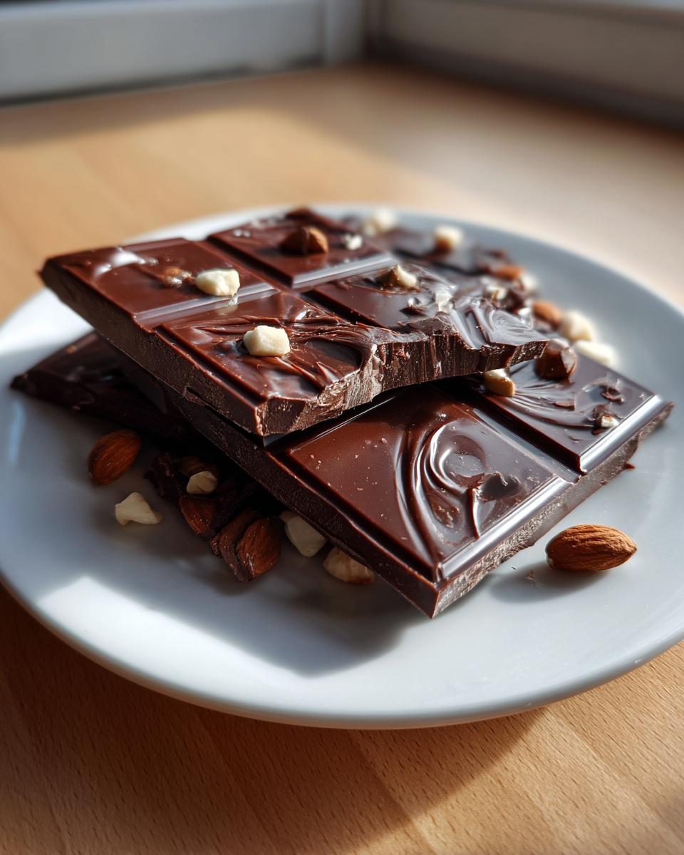 Close-up of dark chocolate bar pieces with nuts on a white plate for quick chocolate snack ideas