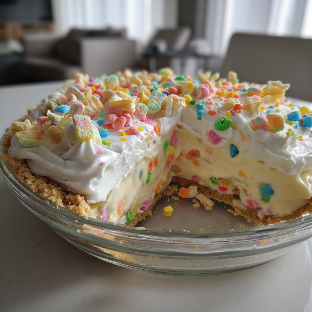 Slice of creamy Easter candy dessert pie with colorful candy pieces and whipped topping