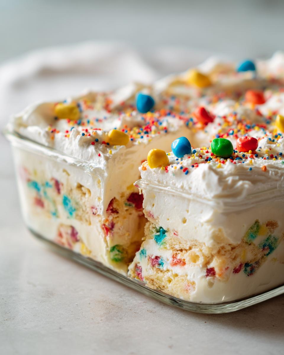 Close-up of a creamy Easter candy dessert recipe with colorful candy pieces and sprinkles in a glass dish.