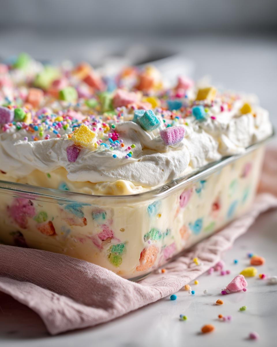 Easter candy dessert recipe with whipped cream and colorful candy pieces in a glass dish