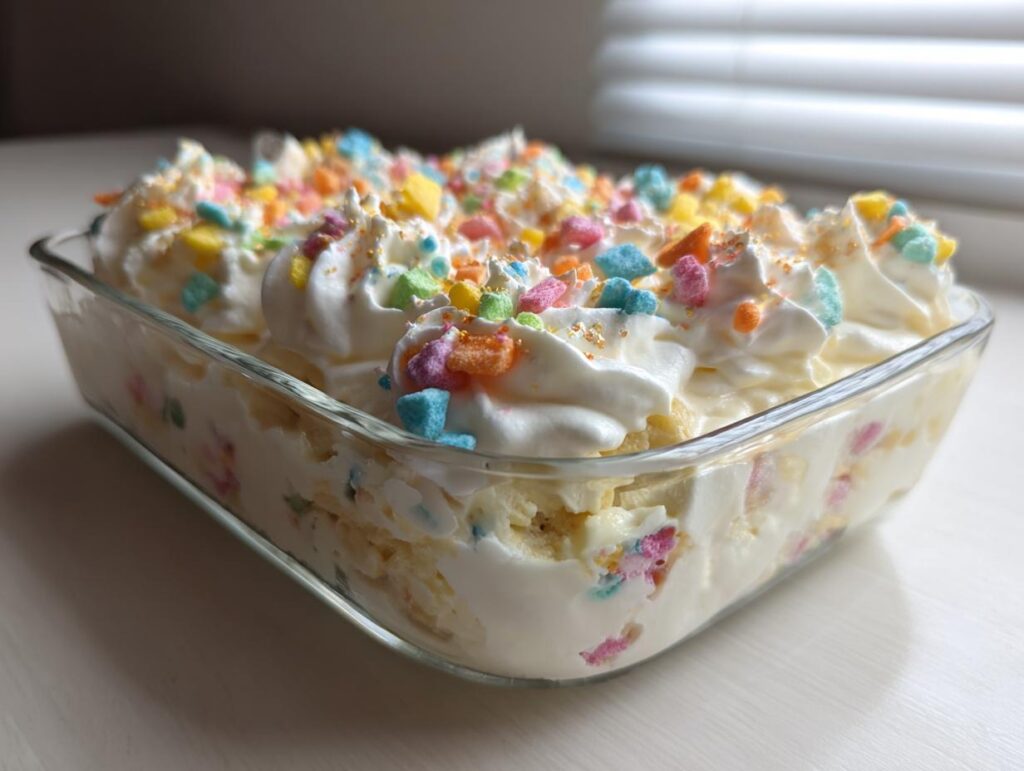 Glass dish filled with creamy Easter candy dessert recipes topped with whipped cream and colorful candy pieces