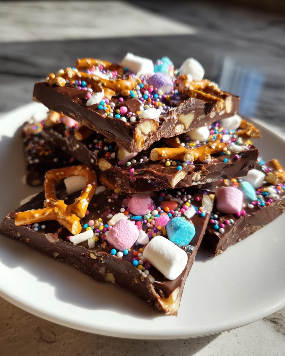 Stack of Easter chocolate bark variations with pretzels, marshmallows, and colorful sprinkles on a white plate.
