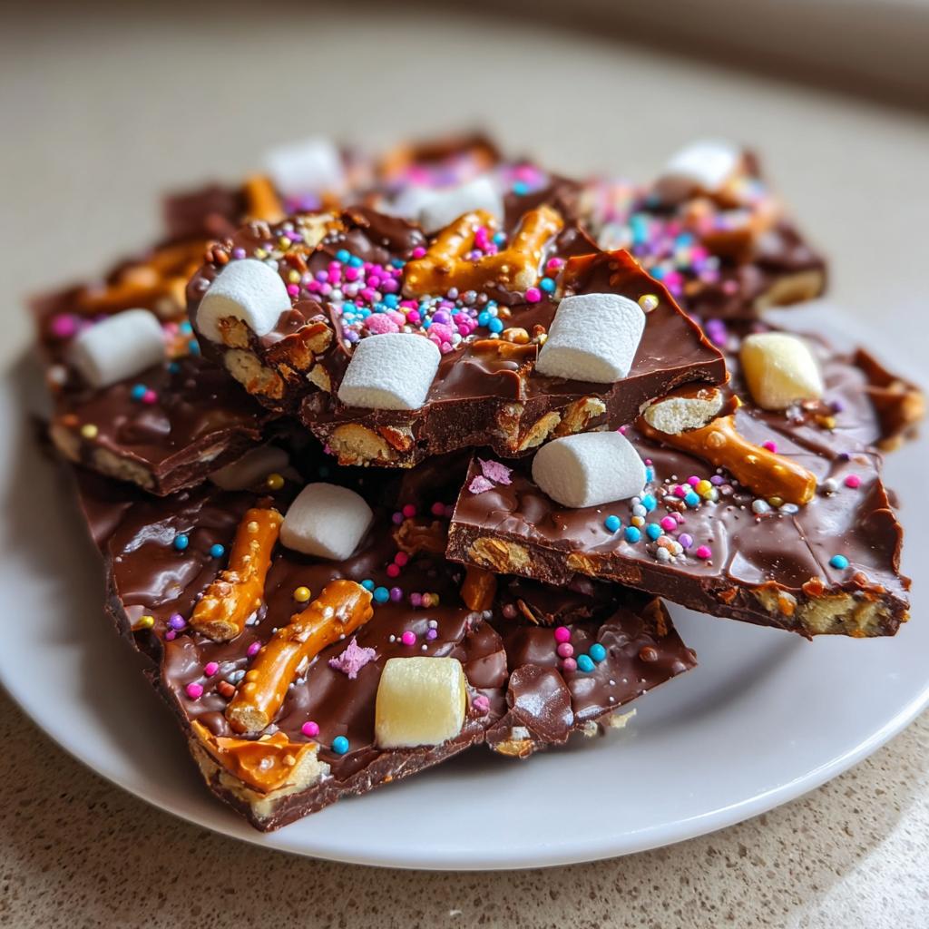 Pieces of Easter chocolate bark variations with marshmallows, pretzels, and colorful sprinkles on a white plate.