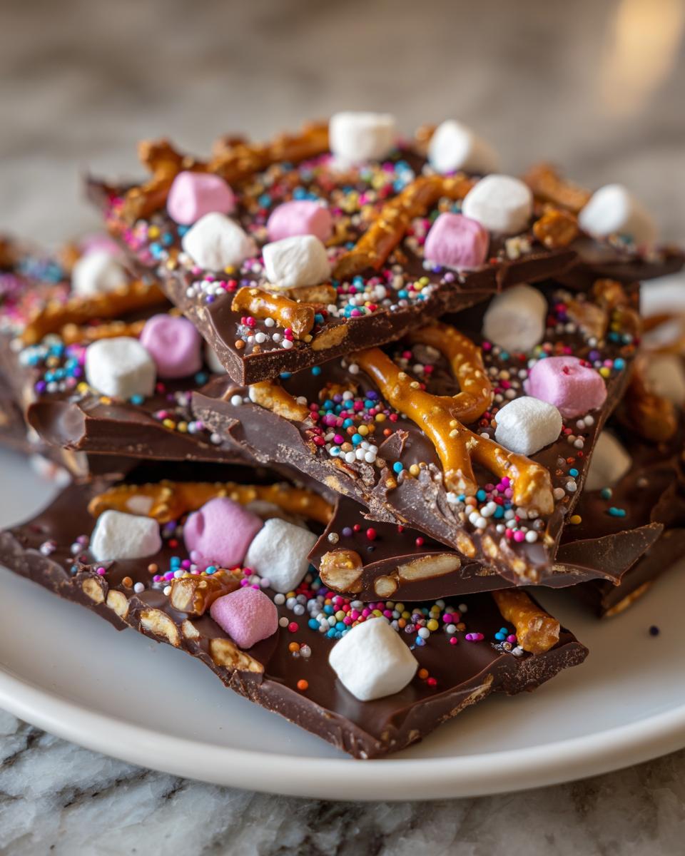 Stack of Easter chocolate bark variations topped with pretzels, marshmallows, and colorful sprinkles.
