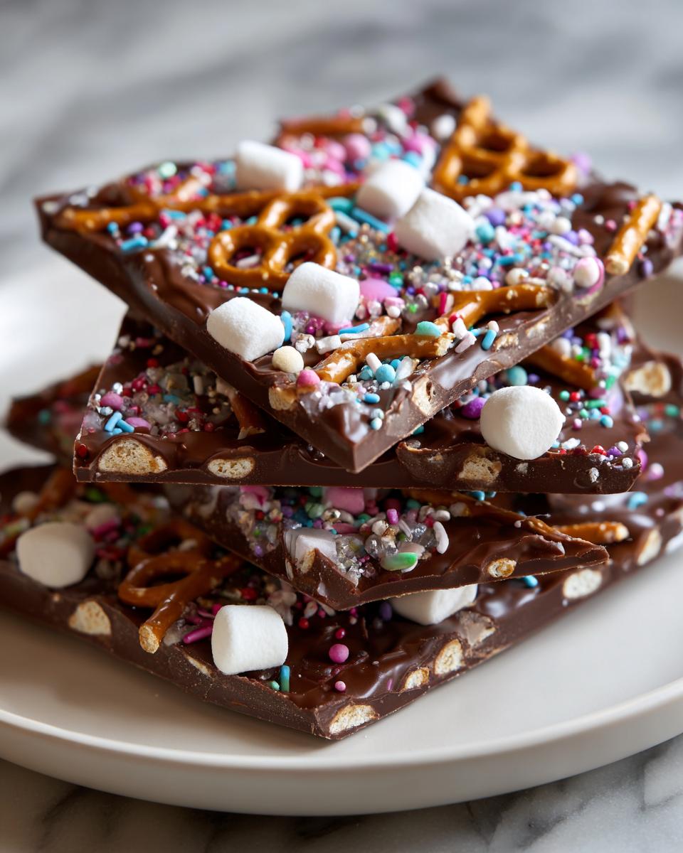 Stack of Easter chocolate bark variations topped with pretzels, marshmallows, and colorful sprinkles.
