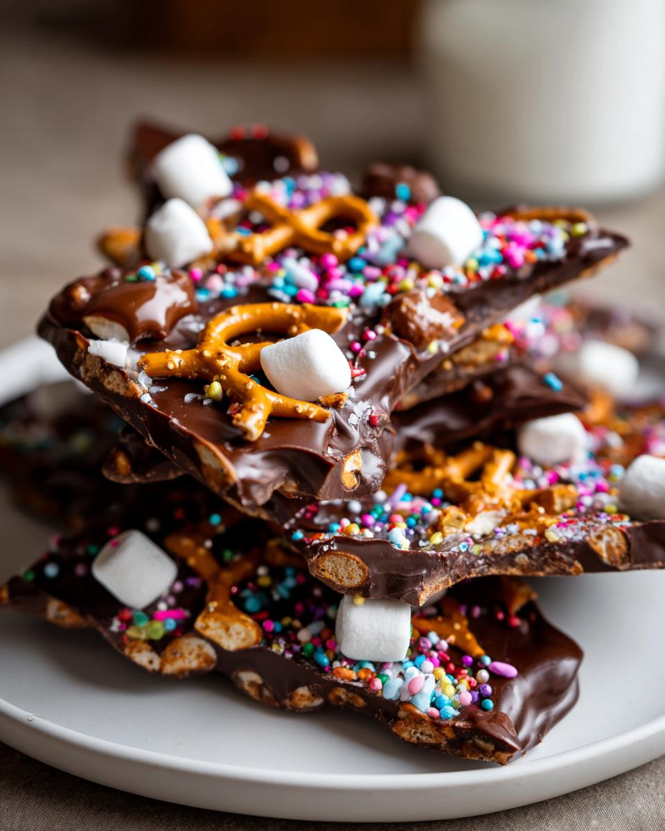 Close-up of Easter chocolate bark variations topped with pretzels, mini marshmallows, and colorful sprinkles.