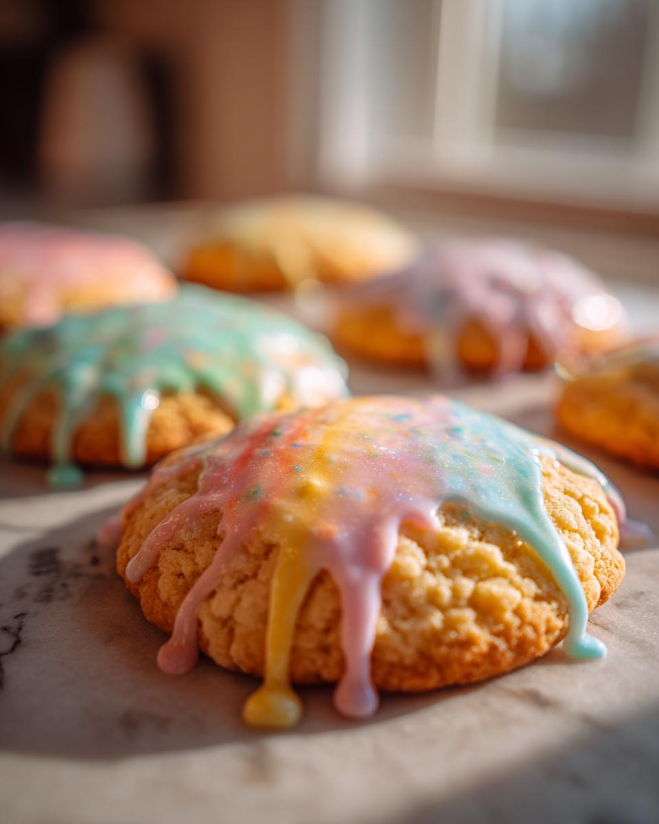 Close-up of Easter cookies with pastel rainbow icing dripping over the edges.