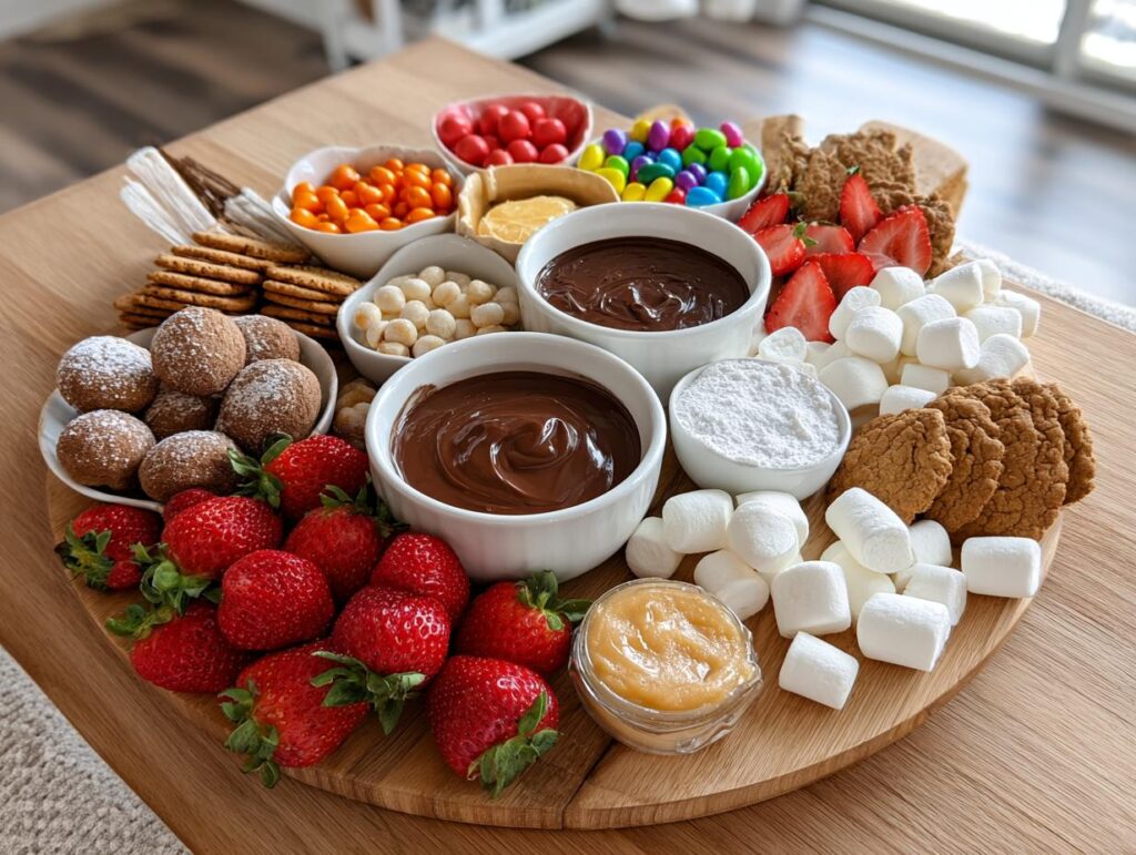 Easter dessert board ideas featuring strawberries, marshmallows, cookies, candies, and chocolate dips on wooden platter.
