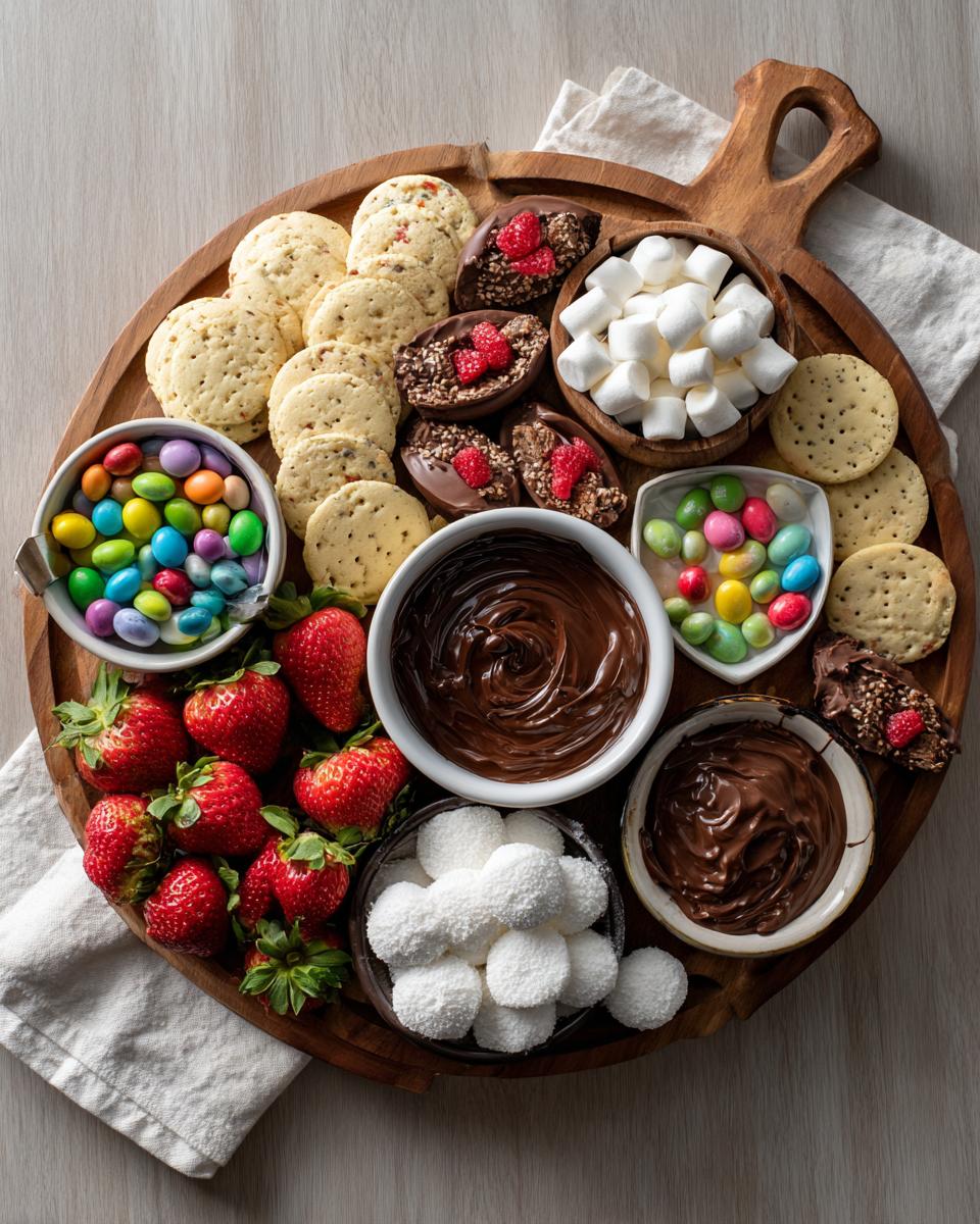 Easter dessert board ideas featuring strawberries, cookies, chocolate dips, marshmallows, and colorful candies.
