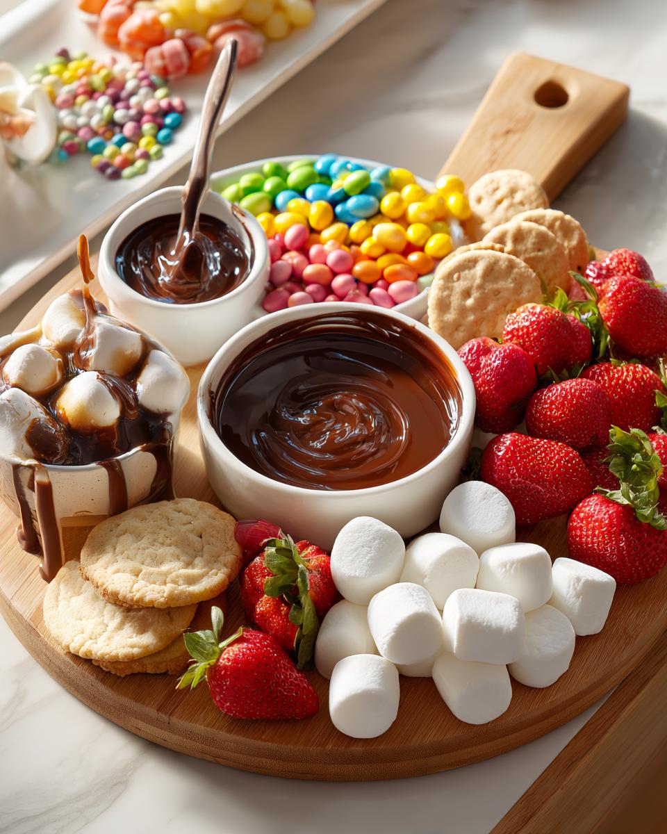 Easter dessert board ideas featuring melted chocolate, strawberries, marshmallows, cookies, and colorful candy.