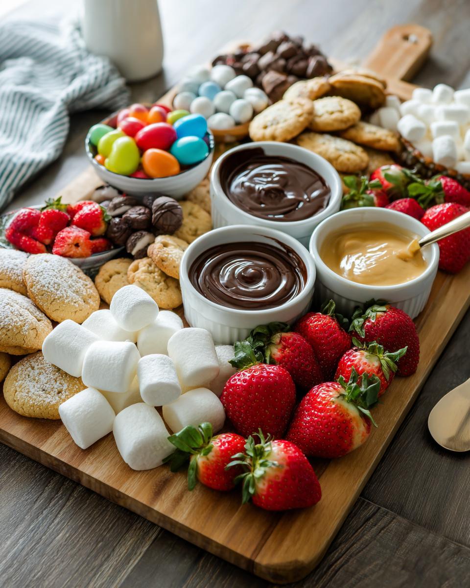 Easter dessert board ideas featuring strawberries, marshmallows, cookies, chocolate and caramel dips.