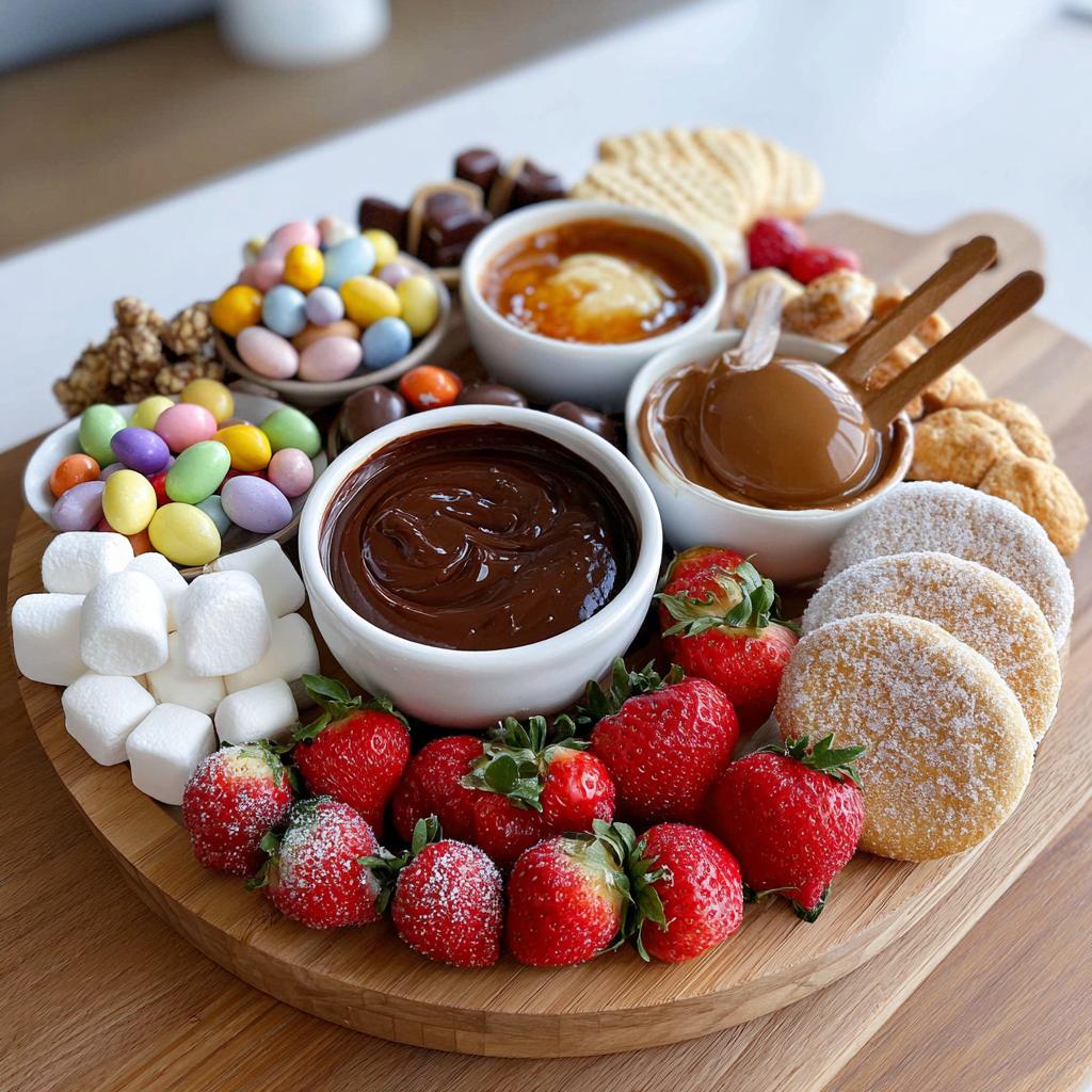 Easter dessert board ideas featuring strawberries, marshmallows, cookies, candy, and chocolate dips on a wooden platter.