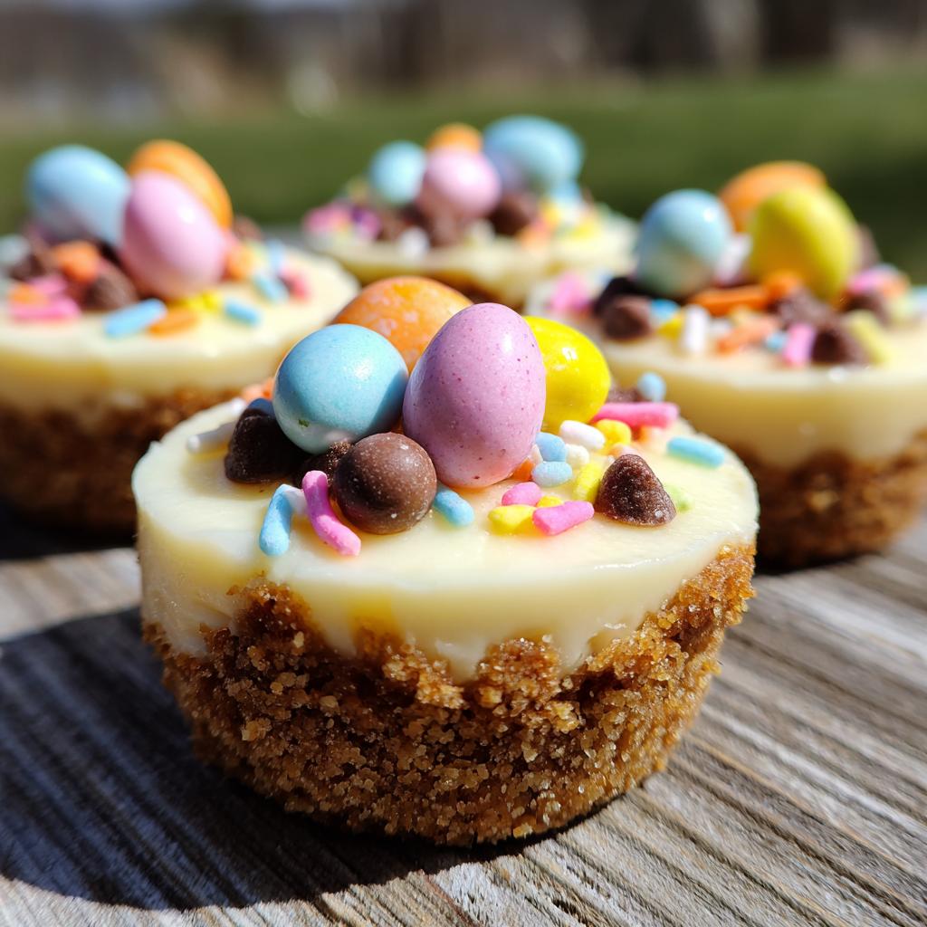 Close-up of Easter dessert cups with creamy filling, graham crust, and colorful candy eggs and sprinkles