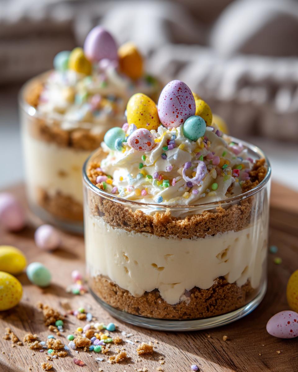 Close-up of Easter dessert cups layered with creamy filling, crumb base, whipped cream, and colorful candy eggs.