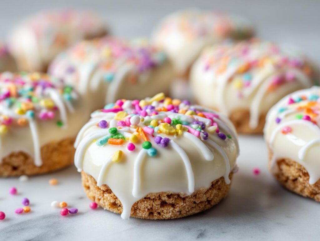 Close-up of Easter no bake sweet treats topped with white icing and colorful sprinkles.