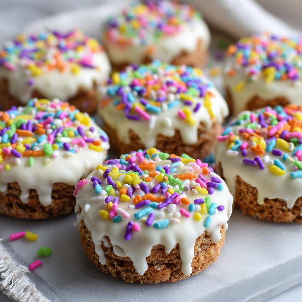 Easter no bake sweet treats topped with white icing and colorful sprinkles on a marble surface.