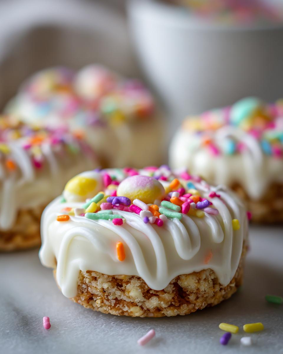 Close-up of Easter no bake sweet treats topped with white icing and colorful sprinkles.
