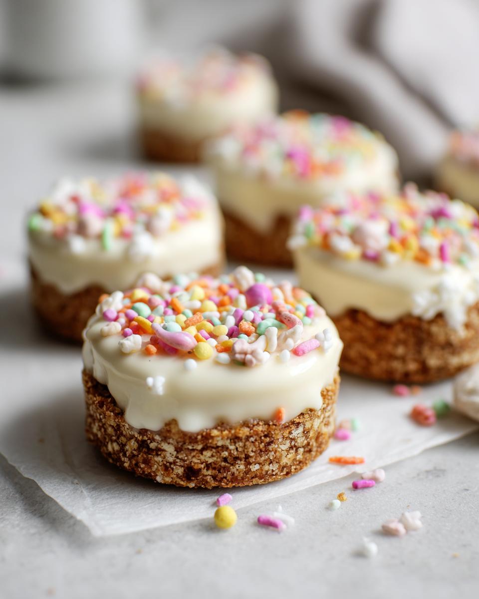 Close-up of Easter no bake sweet treats topped with white icing and colorful sprinkles.