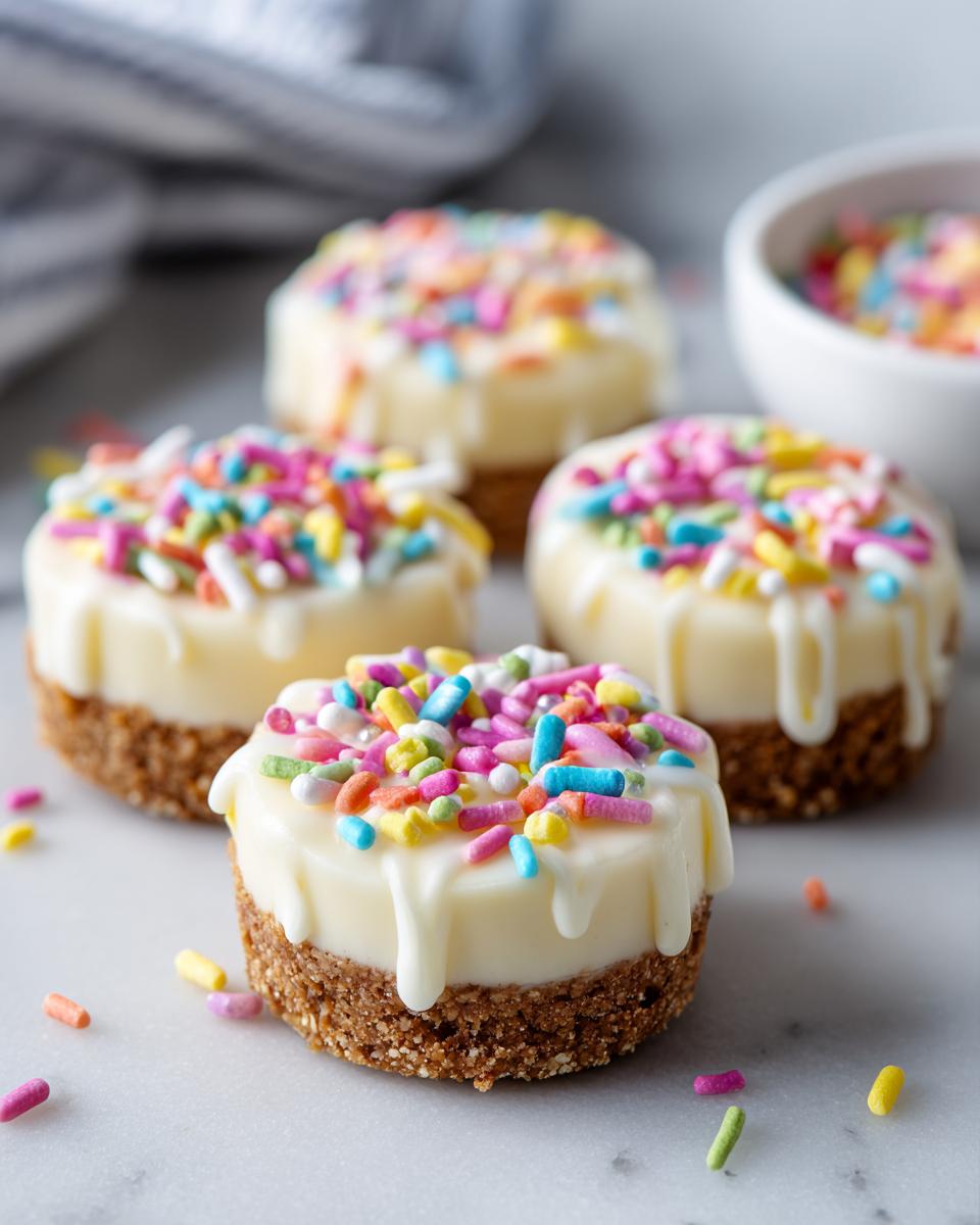 Mini no bake sweet treats topped with white icing and colorful sprinkles on a marble surface.