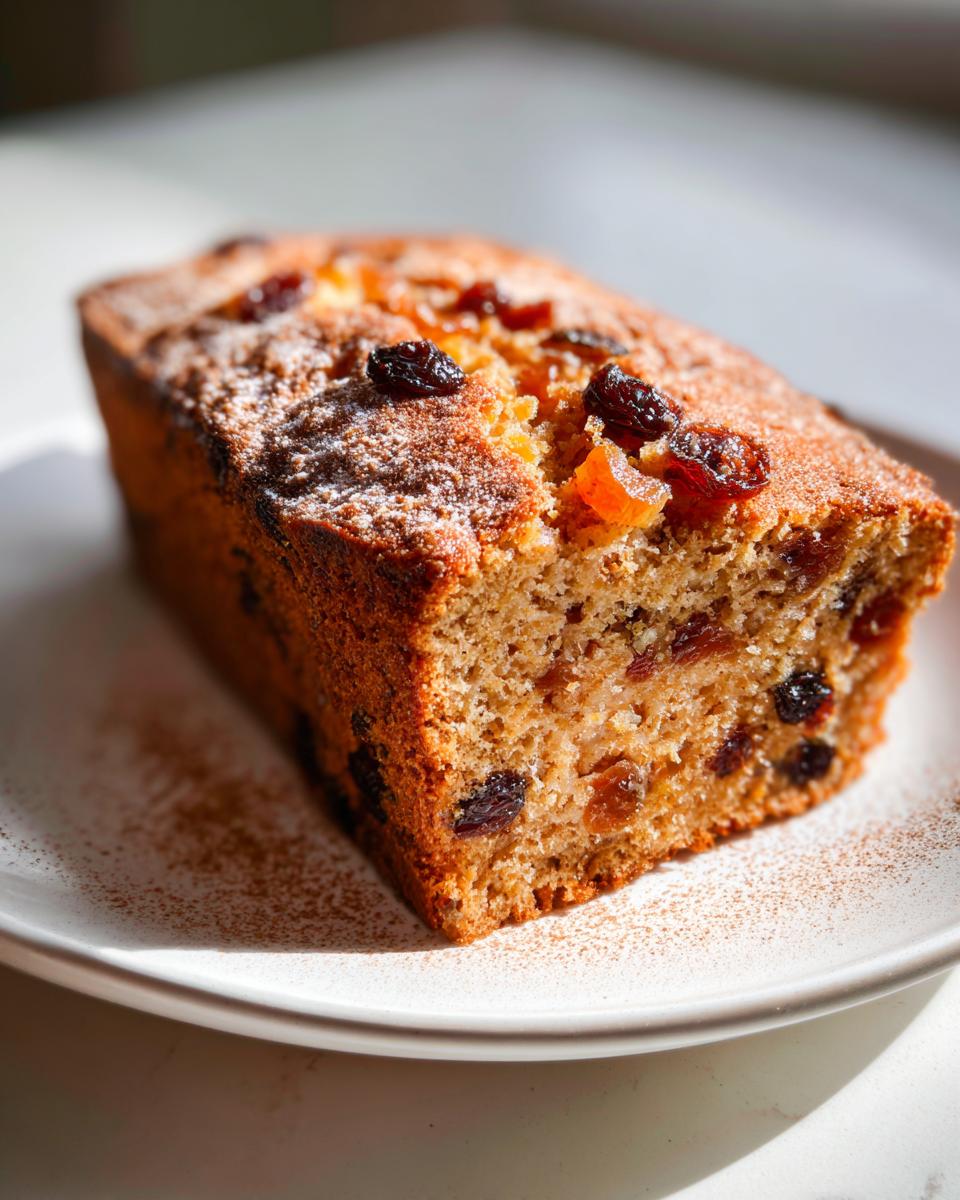 Slice of Easter pudding dessert studded with raisins and dried fruits on a white plate