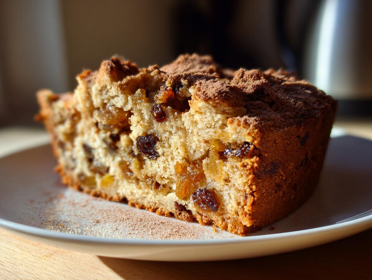 Close-up of a slice of Easter pudding dessert with raisins and a cinnamon dusting on a white plate.