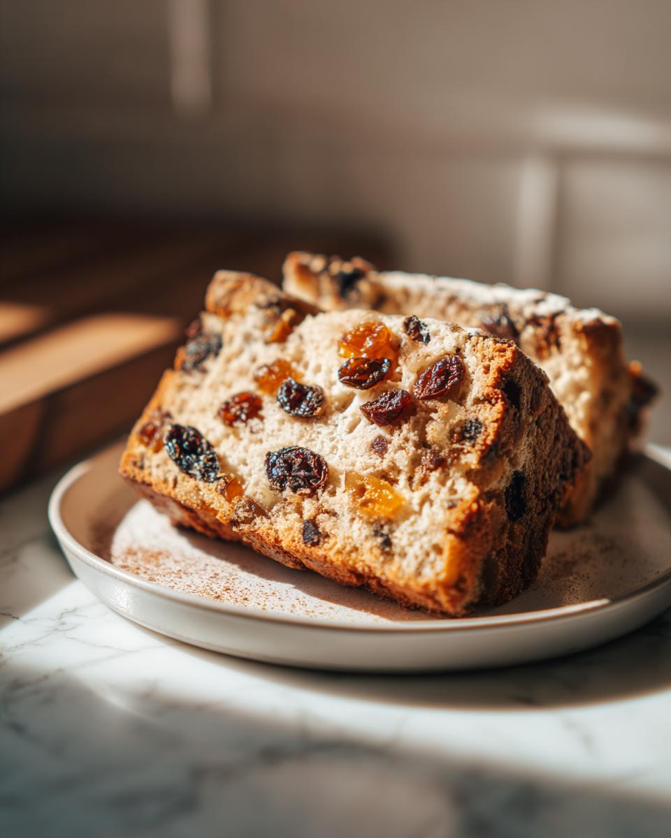 Two slices of Easter pudding desserts with raisins on a white plate in natural light.