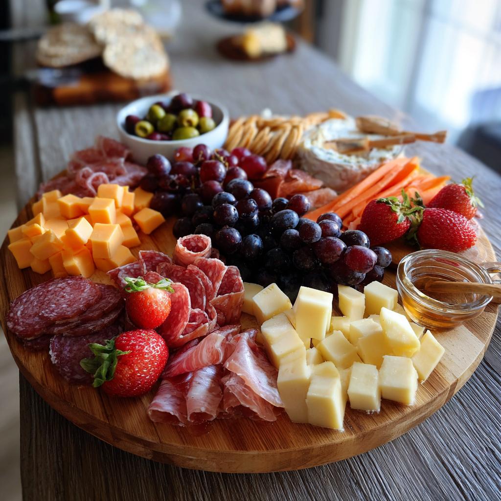 Easter snack board ideas featuring cheese cubes, grapes, strawberries, meats, olives, and honey on a wooden board.