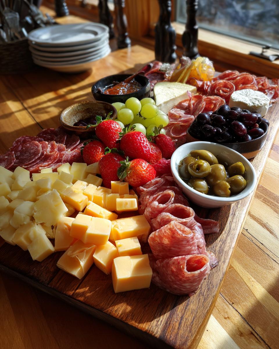 Easter snack board ideas featuring cheese cubes, strawberries, grapes, olives, and cured meats on a wooden board.