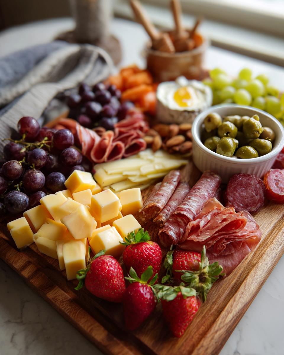 Easter snack board ideas featuring cheese cubes, strawberries, grapes, olives, and assorted meats on wooden board.
