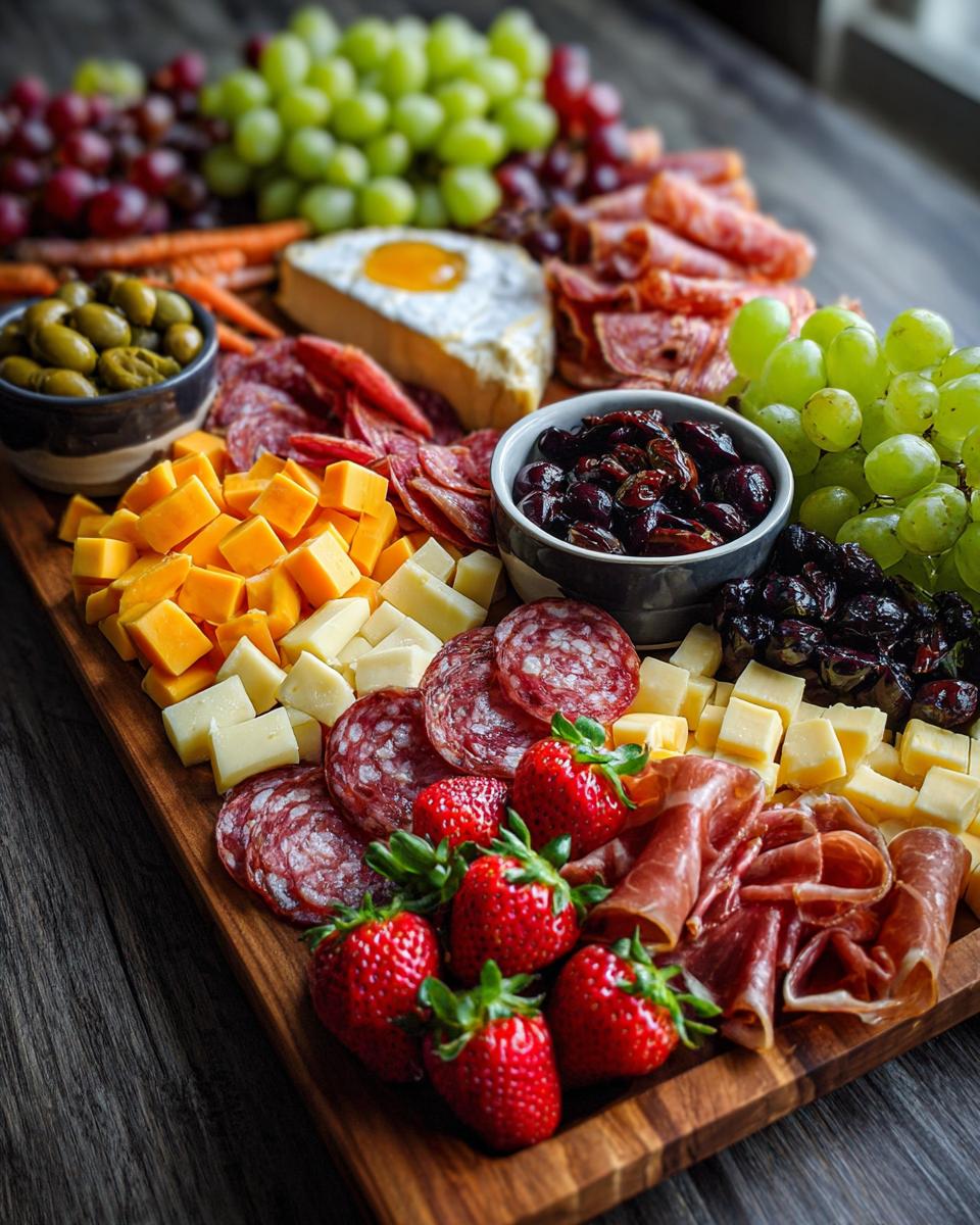 Easter snack board ideas featuring cheese cubes, strawberries, grapes, cured meats, and olives on a wooden board.