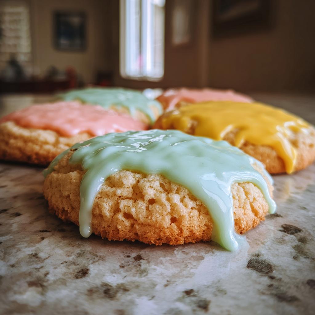 Close-up of Easter sweet treats recipes cookies with pastel-colored icing on a marble surface.