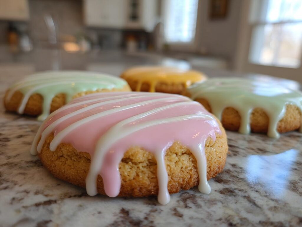 Close-up of Easter sweet treats recipes cookies with pastel pink, green, and yellow icing drizzled on top.