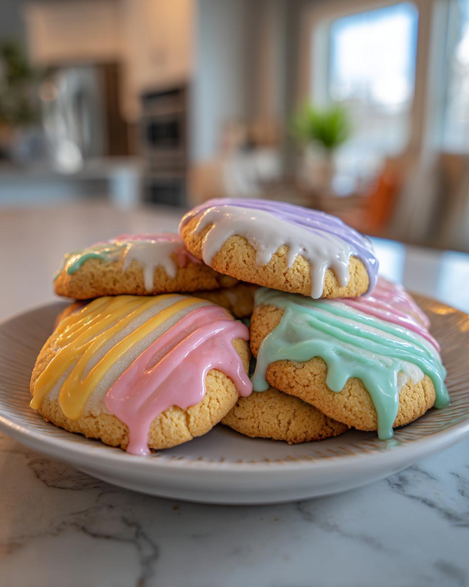 Plate of cookies with pastel-colored icing drizzled on top for Easter sweet treats recipes