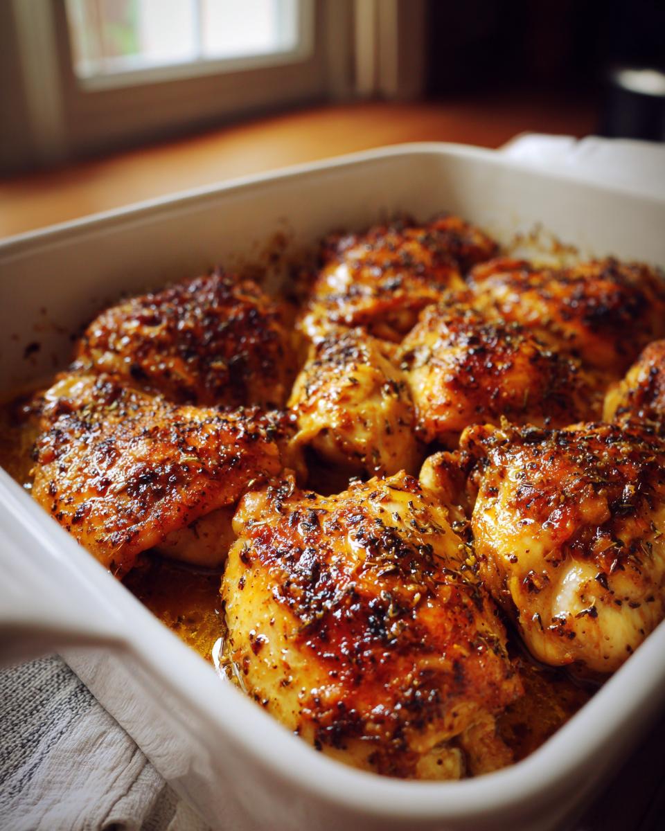 Close-up of herb seasoned easy baked chicken dinners in a white casserole dish.