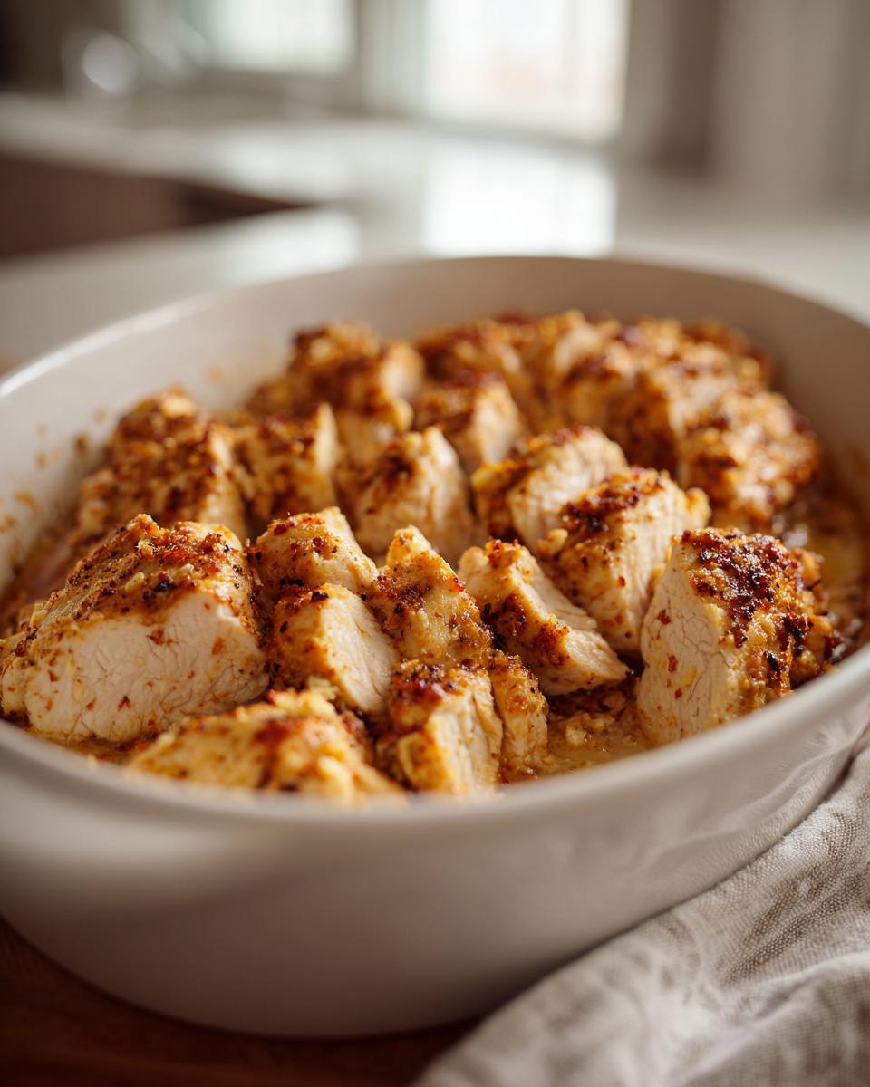 Sliced baked chicken seasoned with spices in a white ceramic dish for easy baked chicken dinners