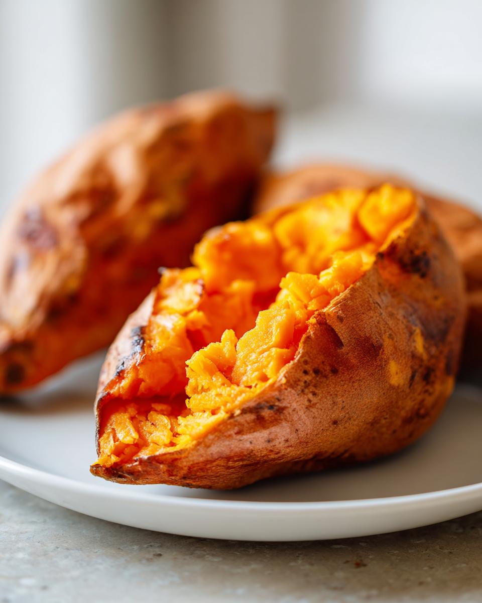 Close-up of a split easy baked sweet potato with bright orange flesh on a white plate.