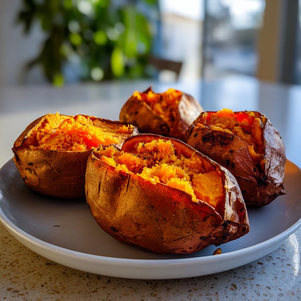 Four easy baked sweet potatoes with soft orange flesh on a white plate.