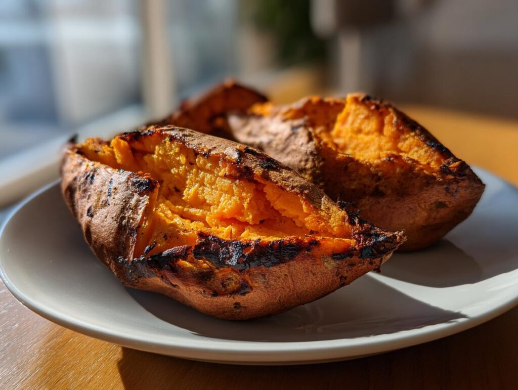Two easy baked sweet potatoes with charred skin on a white plate.