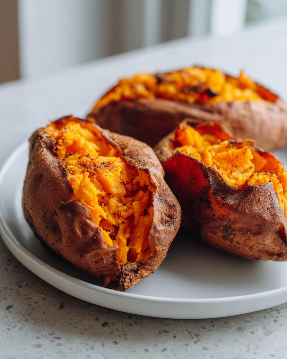 Three easy baked sweet potatoes with soft orange flesh on a white plate.