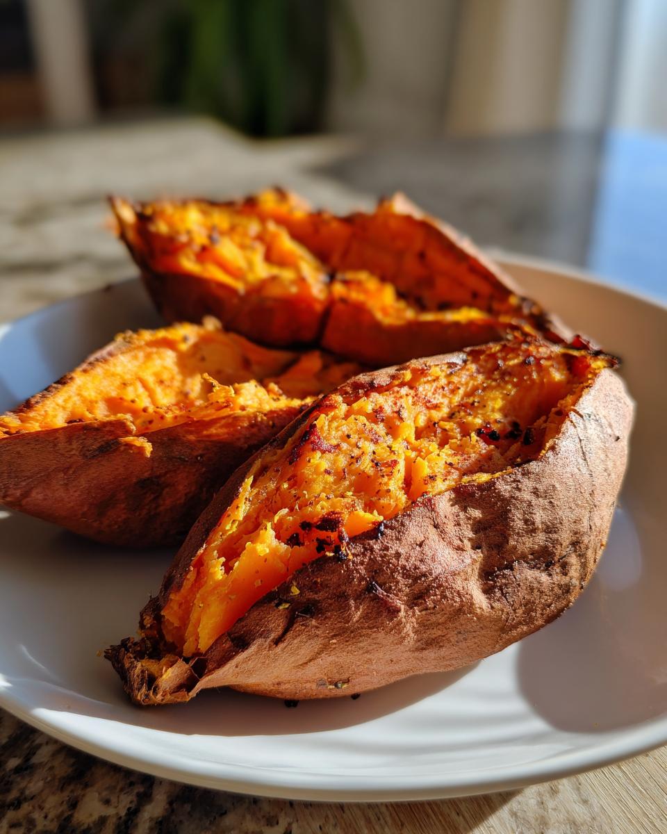 Three easy baked sweet potatoes split open on a white plate with golden orange flesh.