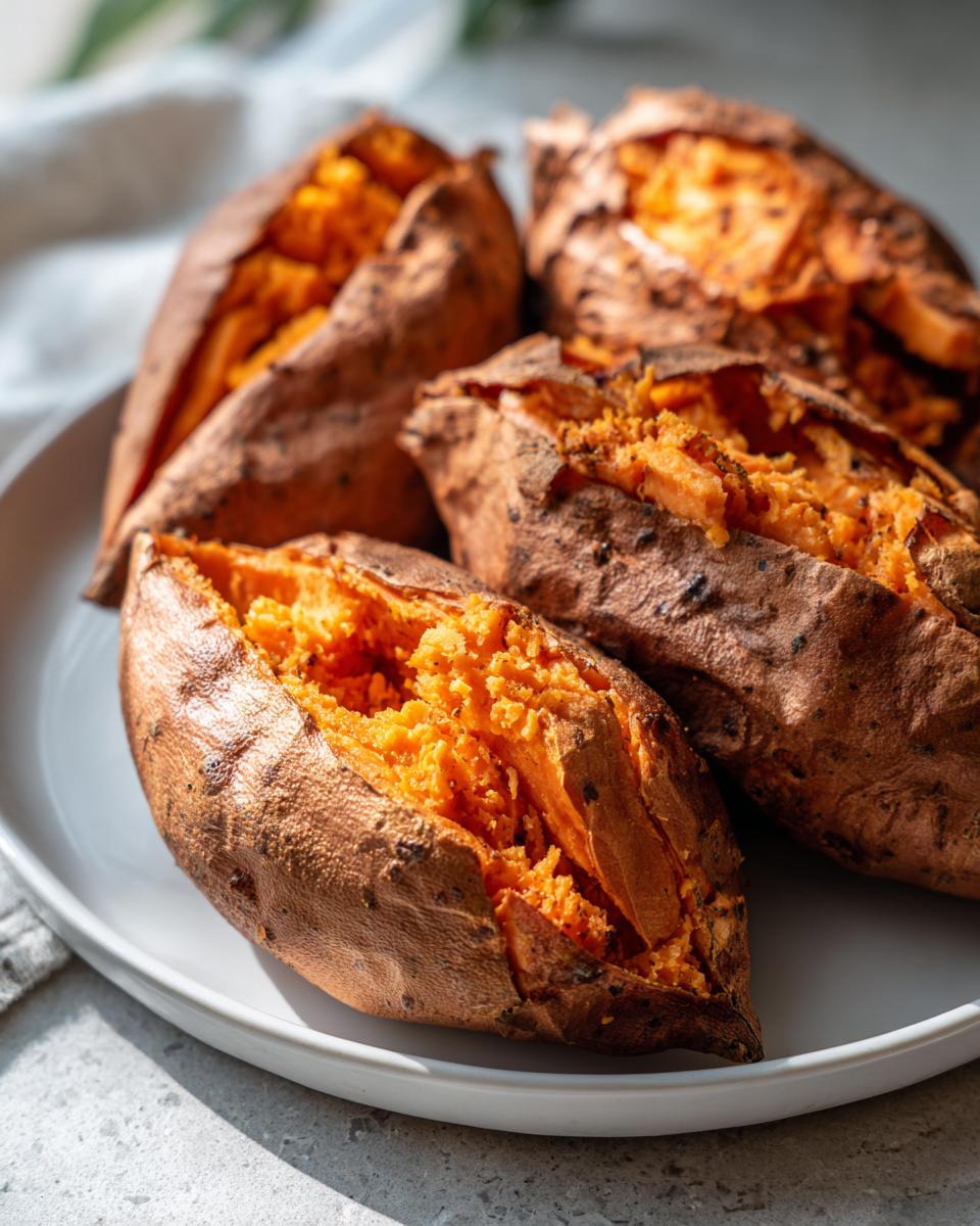 Four easy baked sweet potatoes with orange flesh on a white plate.