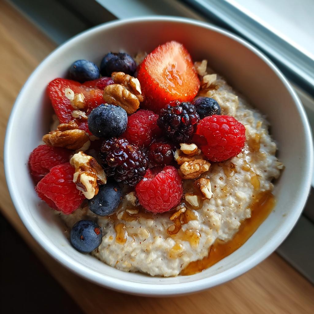 Bowl of oatmeal topped with strawberries, blueberries, raspberries, blackberries, walnuts, and honey for easy breakfast meal prep.