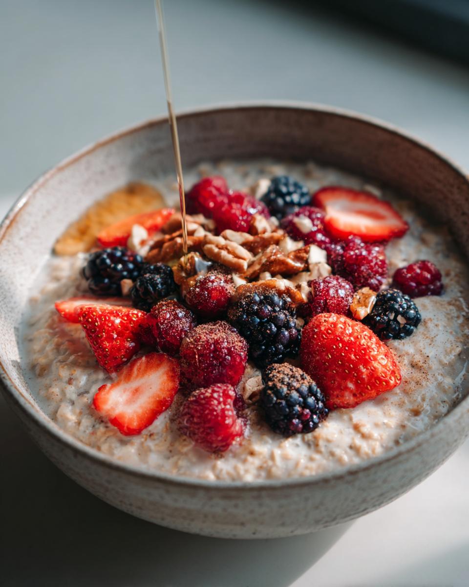 Bowl of oatmeal topped with strawberries, blackberries, raspberries, pecans, and honey drizzle for easy breakfast meal prep.