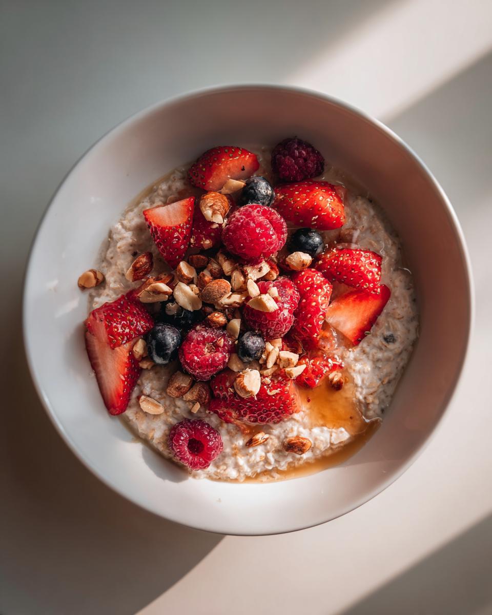 Bowl of easy breakfast meal prep with oatmeal topped with strawberries, raspberries, blueberries, nuts, and honey.