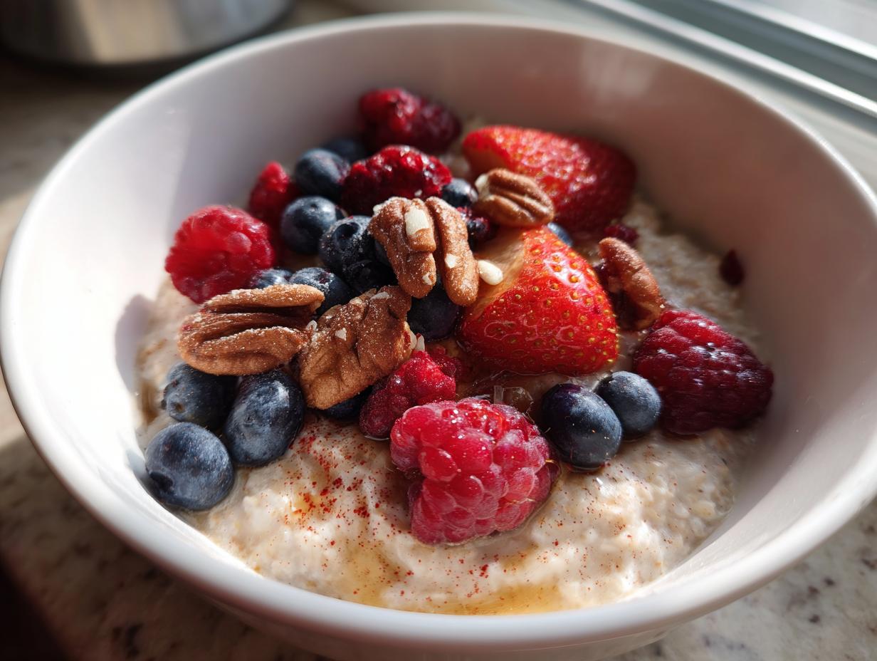 Bowl of oatmeal topped with strawberries, blueberries, raspberries, and pecans for easy breakfast meal prep.