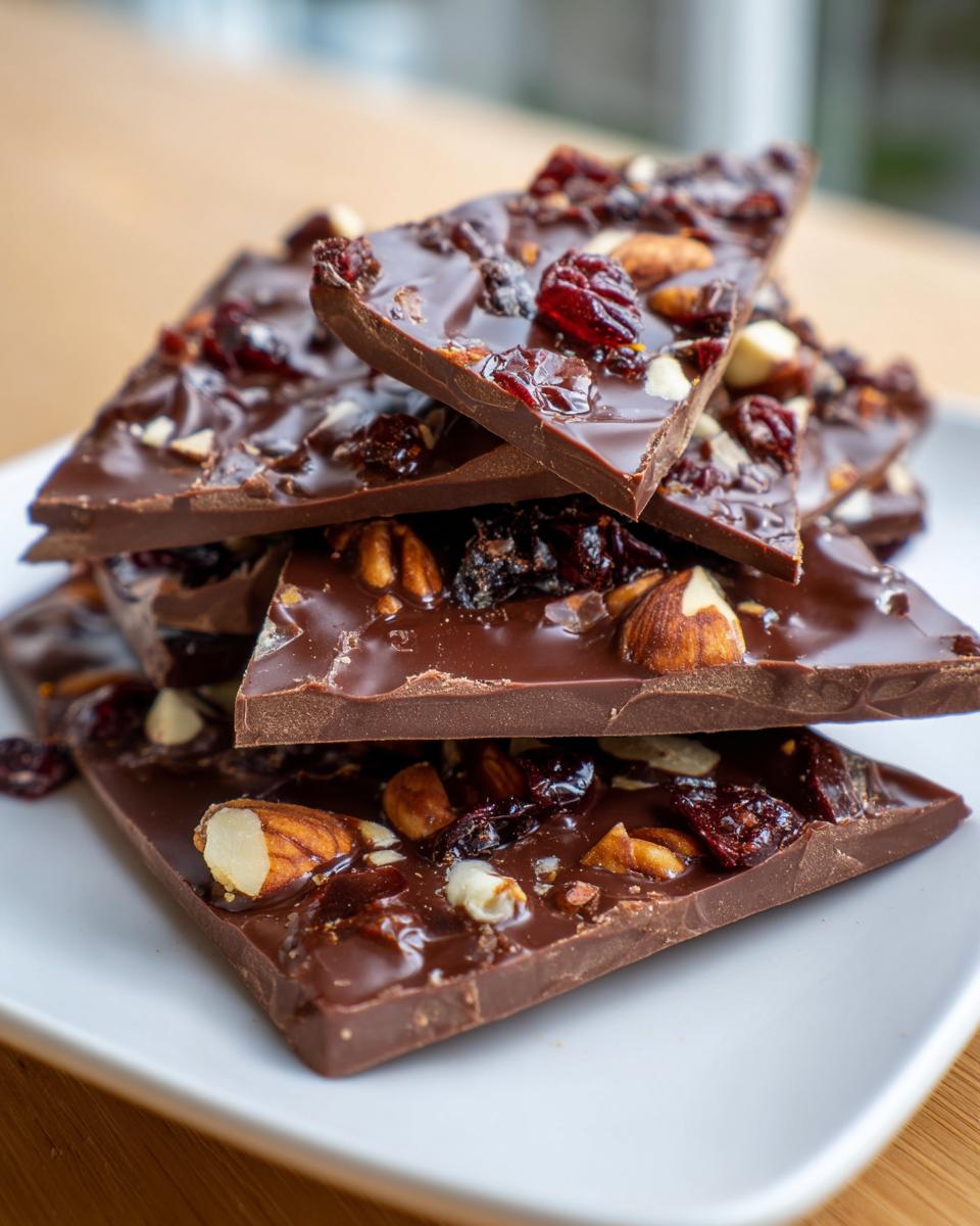 Close-up of easy chocolate bark pieces topped with nuts and dried cranberries on a white plate.