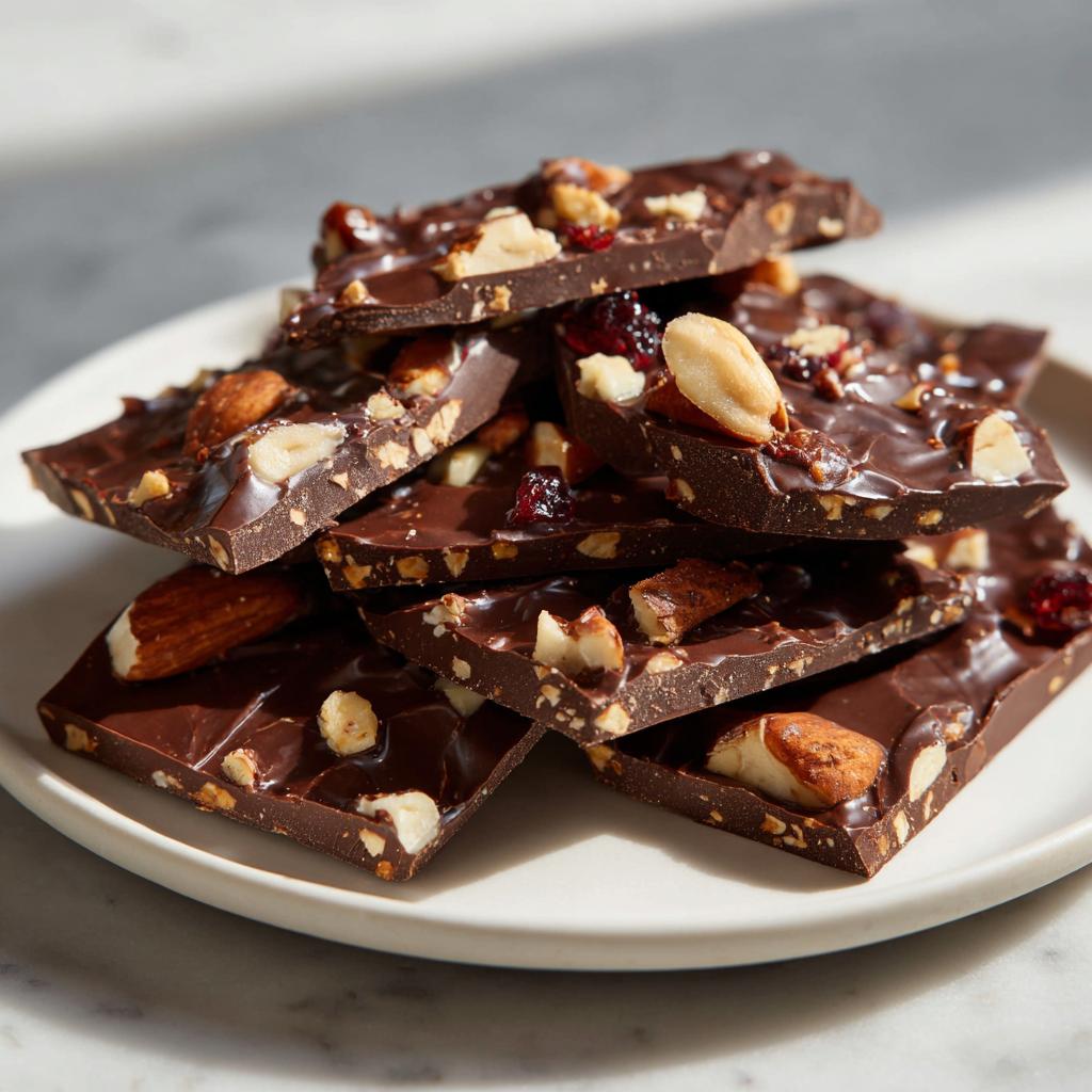 Close-up of easy chocolate bark pieces topped with nuts and dried fruit on a white plate.