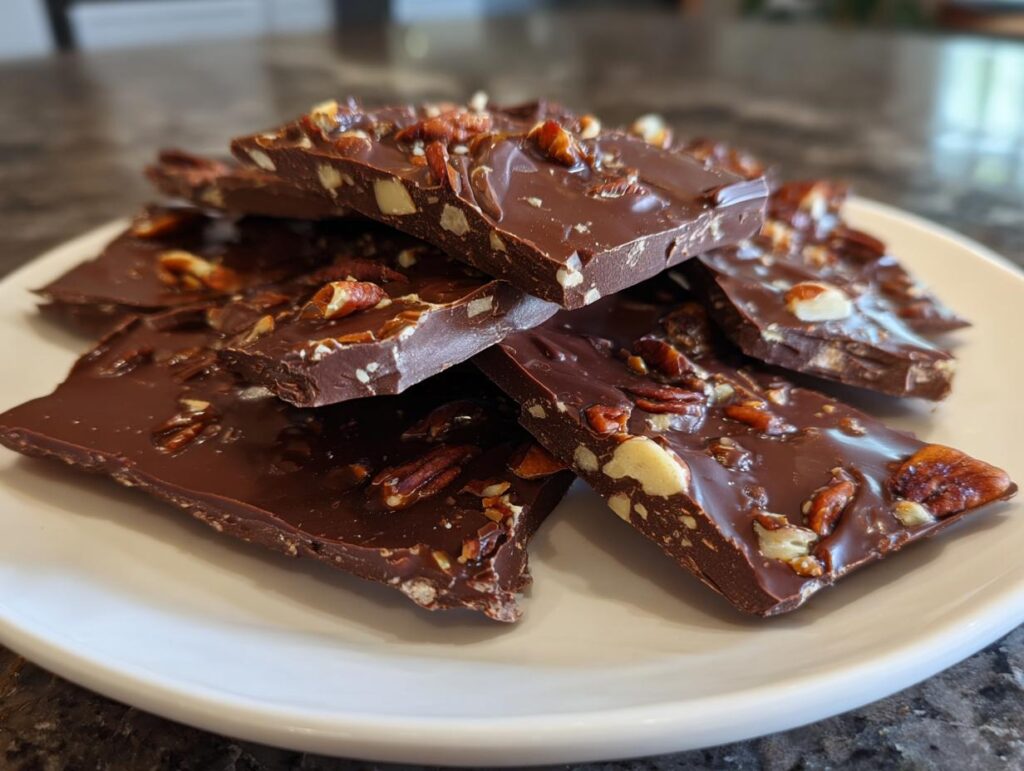 Close-up of chocolate bark pieces with nuts on a white plate, showcasing easy chocolate bark recipes.