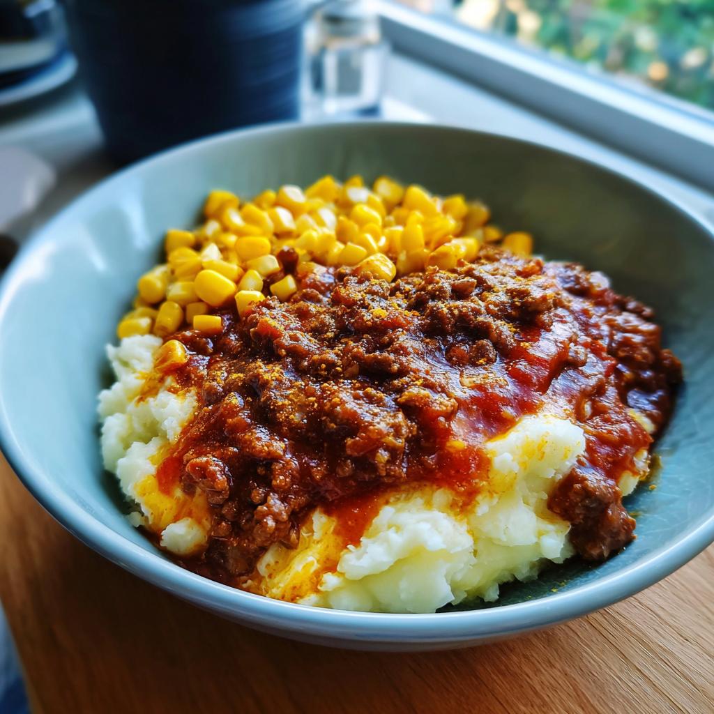 Bowl of mashed potatoes topped with savory beef chili and served with corn, showcasing easy comfort food dinners.
